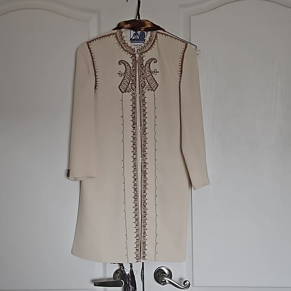 Indian Kurta Boy's Embroidery Pajama Set Cream/ Gold Size 8